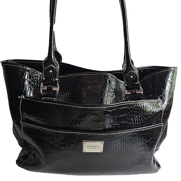 LIZ CLAIBORNE Embossed Faux Crocodile Black Purse Tote Shoulder Bag 14x10x5 EUC - Picture 2 of 15